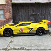 Custom Hot Wheels Chevy Corvette C8.R Race Car In Yellow #4 Livery With Black 6 Spoke Race Wheels With Rubber Tires
