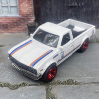 Custom Hot Wheels Datsun 620 Mini Truck In White and Red With Red 5 Star Wheels With Rubber Tires