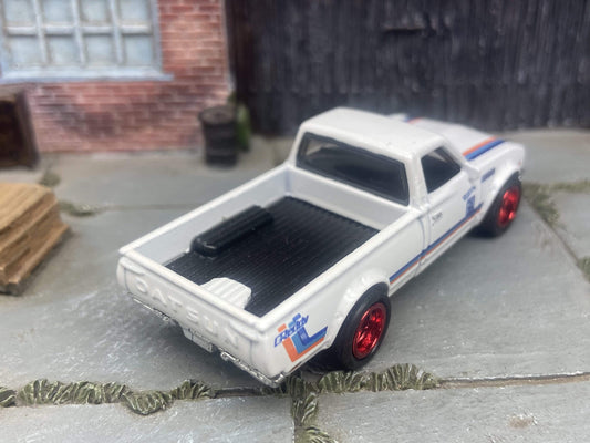 Custom Hot Wheels Datsun 620 Mini Truck In White and Red With Red 5 Star Wheels With Rubber Tires