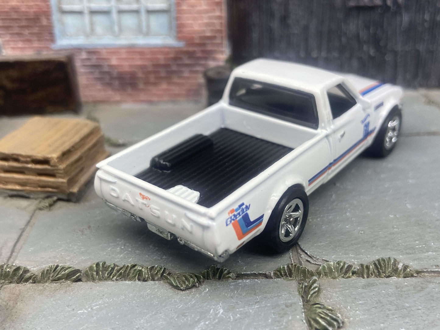 Custom Hot Wheels Datsun 620 Mini Truck In White With Chrome Factory 5 Spoke Wheels With Rubber Tires