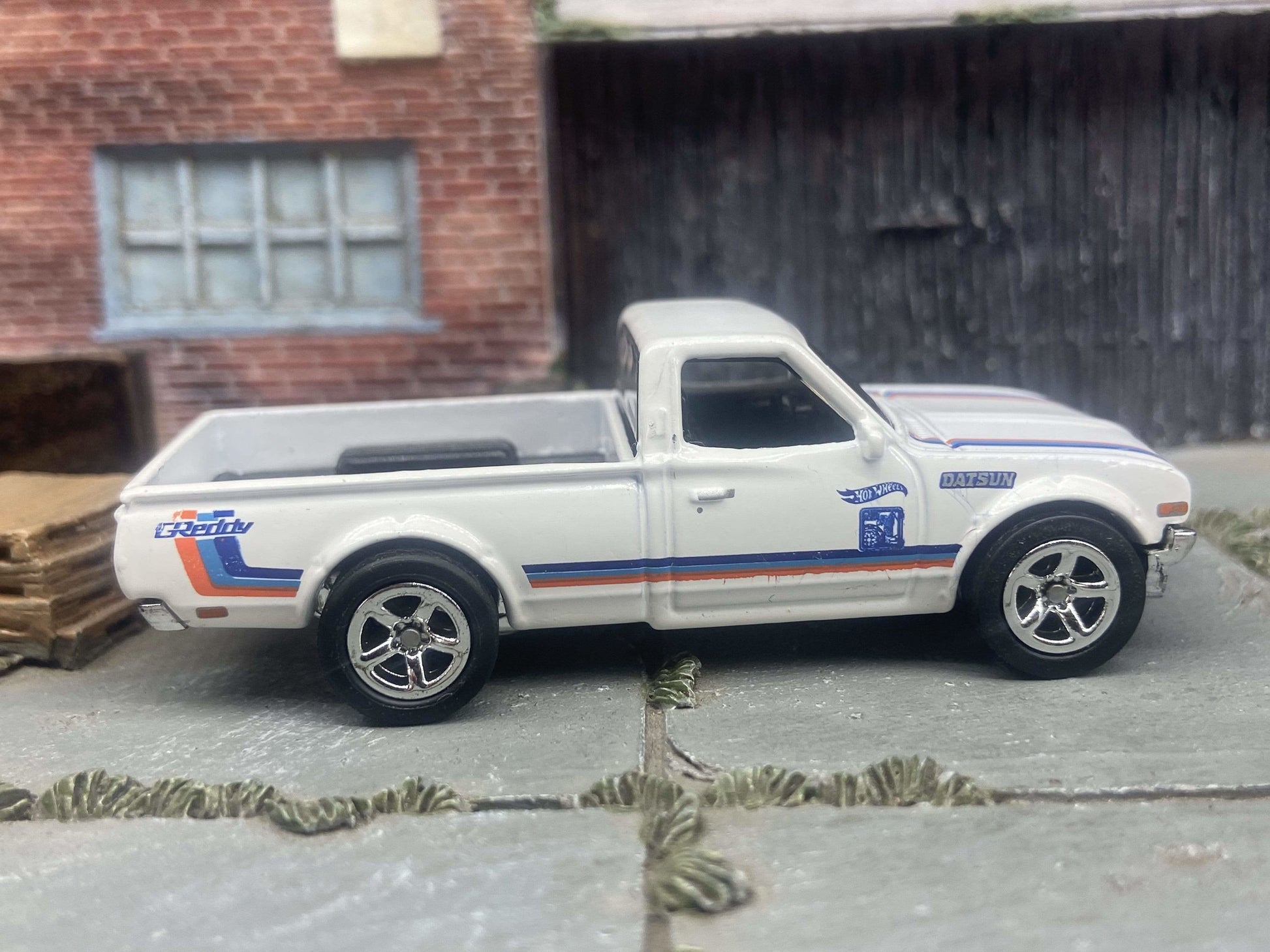 Custom Hot Wheels Datsun 620 Mini Truck In White With Chrome Factory 5 Spoke Wheels With Rubber Tires