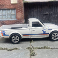Custom Hot Wheels Datsun 620 Mini Truck In White With Chrome Factory 5 Spoke Wheels With Rubber Tires