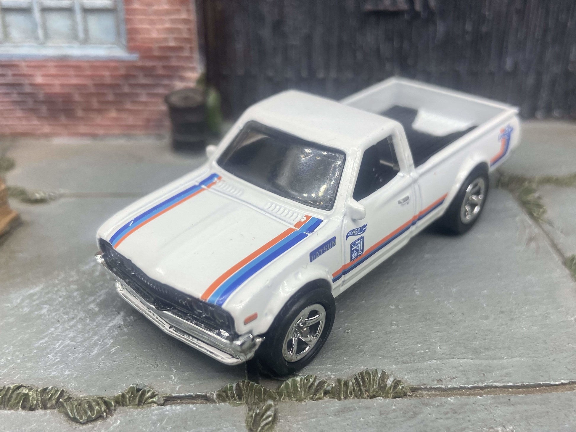Custom Hot Wheels Datsun 620 Mini Truck In White With Chrome Factory 5 Spoke Wheels With Rubber Tires