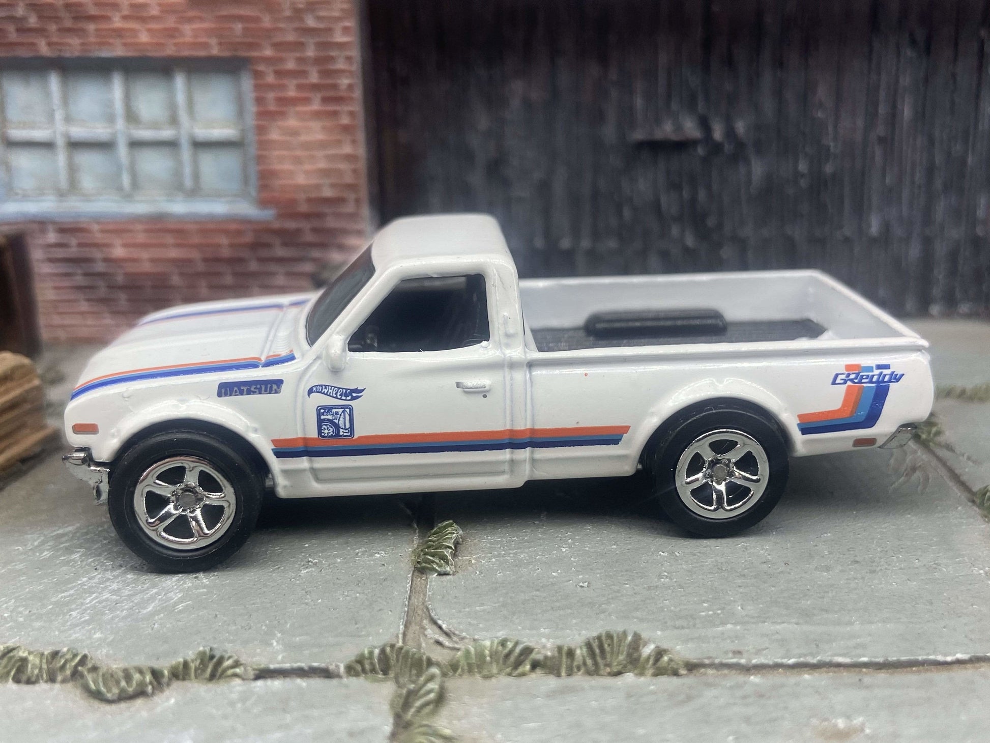 Custom Hot Wheels Datsun 620 Mini Truck In White With Chrome Factory 5 Spoke Wheels With Rubber Tires