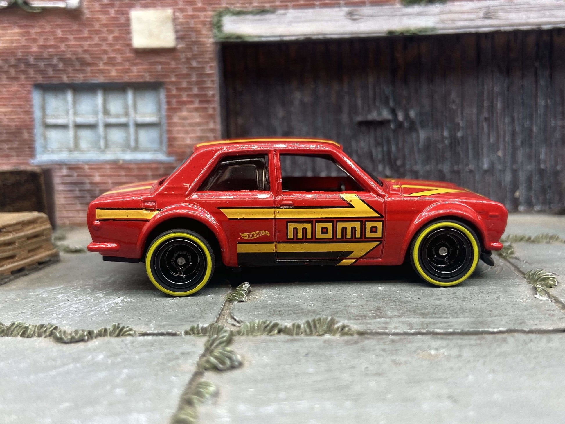 Custom Hot Wheels Datsun BlueBird 510 Race Car In MOMO Red With Black 5 Spoke Deep Dish Wheels With Yellow Line Rubber Tires