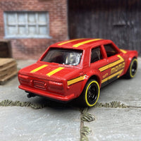 Custom Hot Wheels Datsun BlueBird 510 Race Car In MOMO Red With Black 5 Spoke Deep Dish Wheels With Yellow Line Rubber Tires