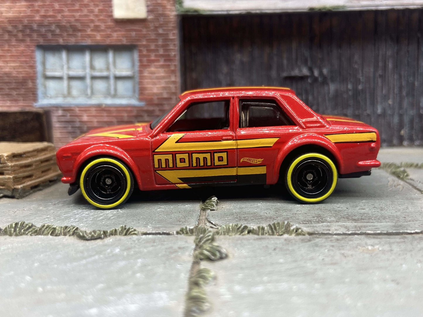 Custom Hot Wheels Datsun BlueBird 510 Race Car In MOMO Red With Black 5 Spoke Deep Dish Wheels With Yellow Line Rubber Tires