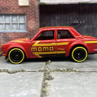 Custom Hot Wheels Datsun BlueBird 510 Race Car In MOMO Red With Black 5 Spoke Deep Dish Wheels With Yellow Line Rubber Tires