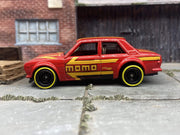 Custom Hot Wheels Datsun BlueBird 510 Race Car In MOMO Red With Black 5 Spoke Deep Dish Wheels With Yellow Line Rubber Tires