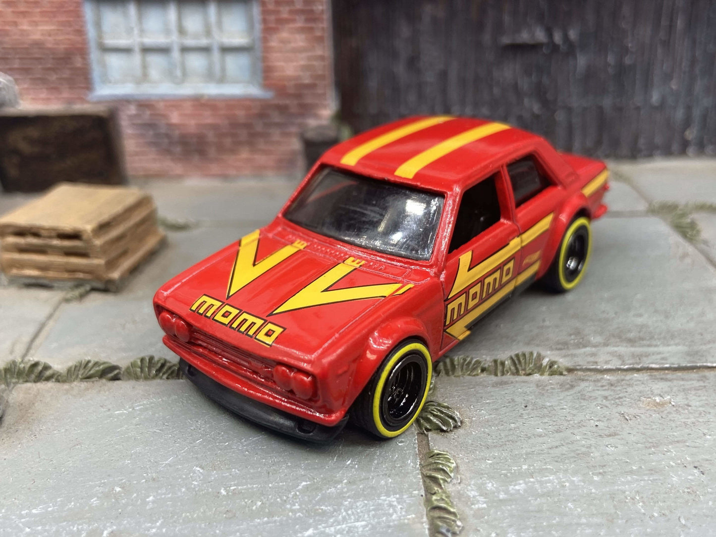 Custom Hot Wheels Datsun BlueBird 510 Race Car In MOMO Red With Black 5 Spoke Deep Dish Wheels With Yellow Line Rubber Tires