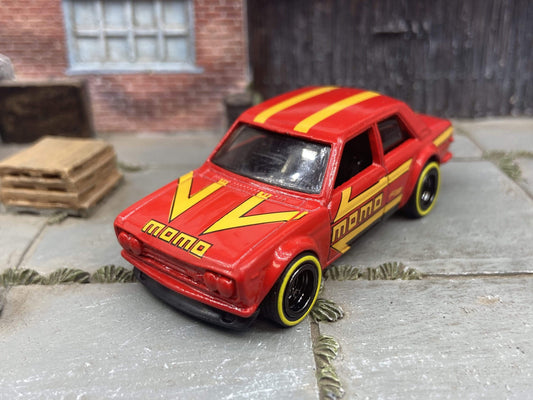 Custom Hot Wheels Datsun BlueBird 510 Race Car In MOMO Red With Black 5 Spoke Deep Dish Wheels With Yellow Line Rubber Tires