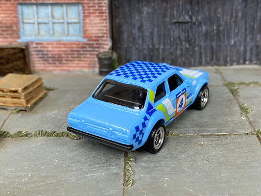Custom Hot Wheels - Ford Escort RS1600 - Blue Checkered - Chrome BBS Racing Wheels - Rubber Tires