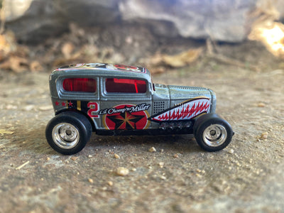 Custom Hot Wheels - Ford Model A Sedan Midnight Otto - Silver and Black Flying Tiger - Chrome Rally Wheels - Rubber Tires