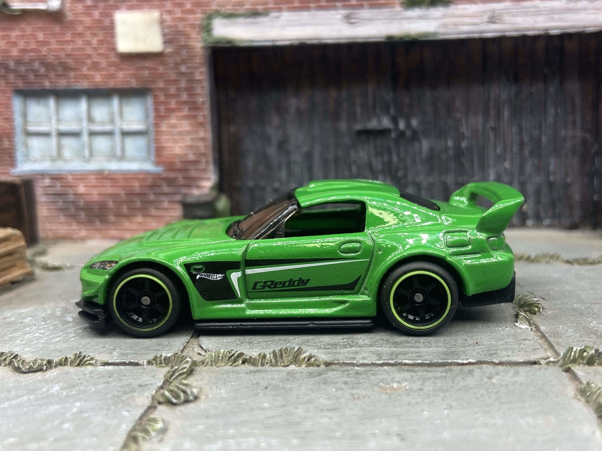 Custom Hot Wheels Honda S2000 in Green With Black and Green 6 Spoke Studded Racing Wheels With Rubber Tires