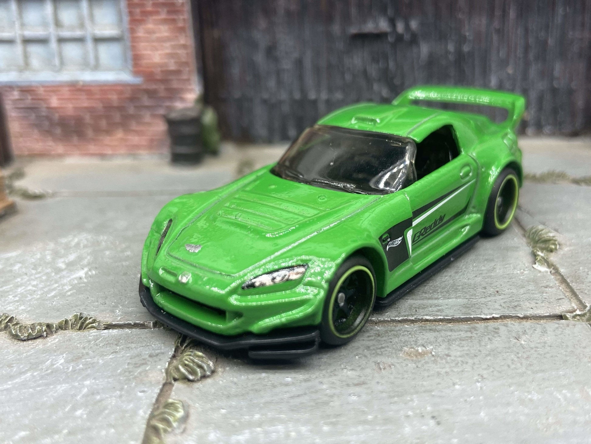 Custom Hot Wheels Honda S2000 in Green With Black and Green 6 Spoke Studded Racing Wheels With Rubber Tires