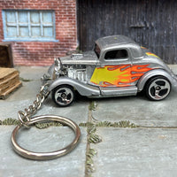 Custom Hot Wheels Keychain - Key Chain - Zipper Pull - 1934 Ford Hot Rod in Silver and Flames