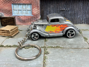 Custom Hot Wheels Keychain - Key Chain - Zipper Pull - 1934 Ford Hot Rod in Silver and Flames