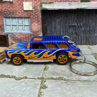 Custom Hot Wheels Keychain - Key Chain - Zipper Pull - 1955 Chevy Nomad Wagon in Blue with Flames