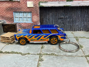 Custom Hot Wheels Keychain - Key Chain - Zipper Pull - 1955 Chevy Nomad Wagon in Blue with Flames