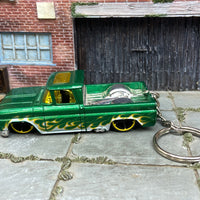Custom Hot Wheels Keychain - Key Chain - Zipper Pull - 1962 Chevy Pick Up Truck Green Flames