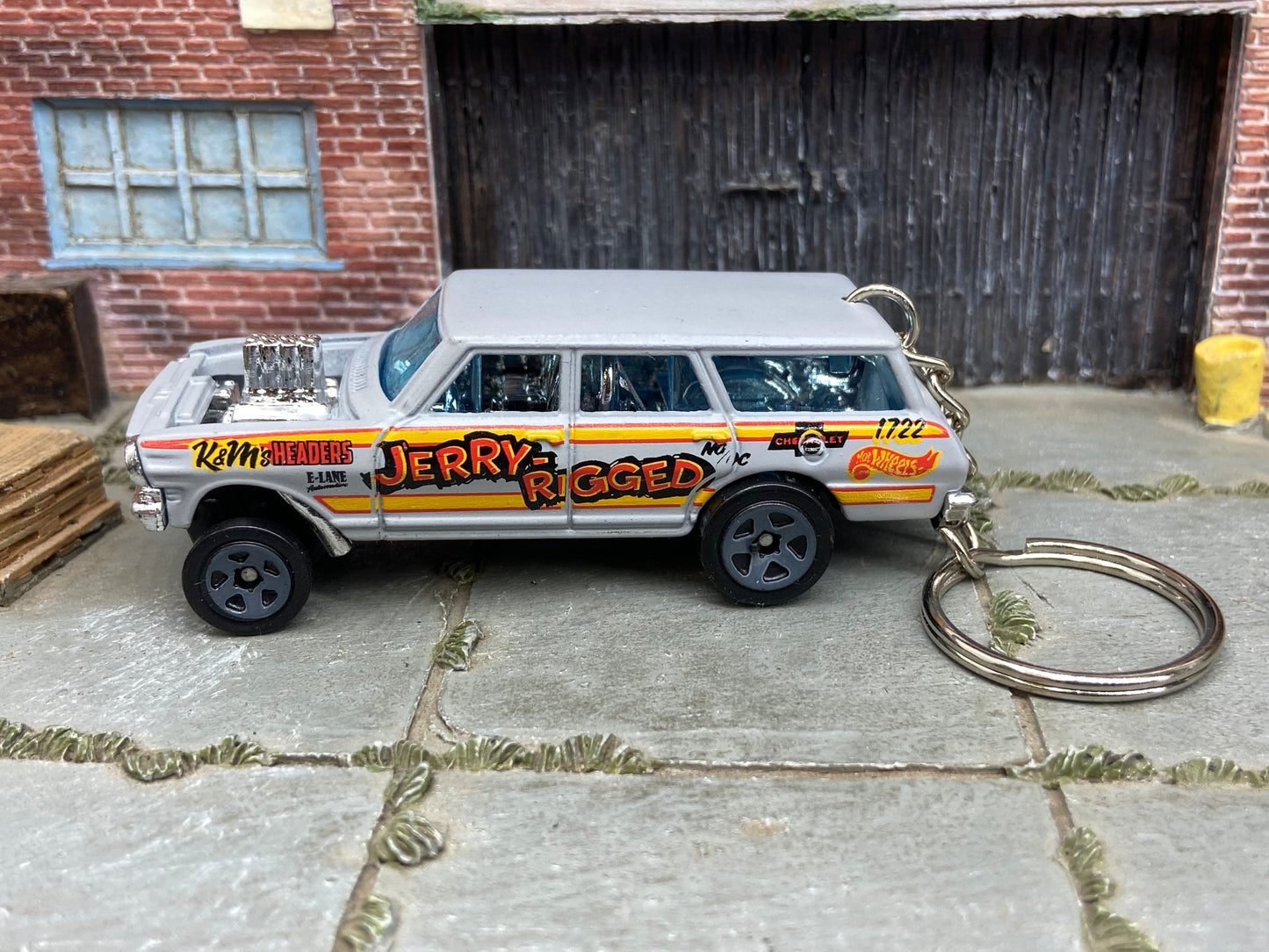 Custom Hot Wheels Keychain - Key Chain - Zipper Pull - 1964 Chevy Nova Station Wagon Gasser Gray