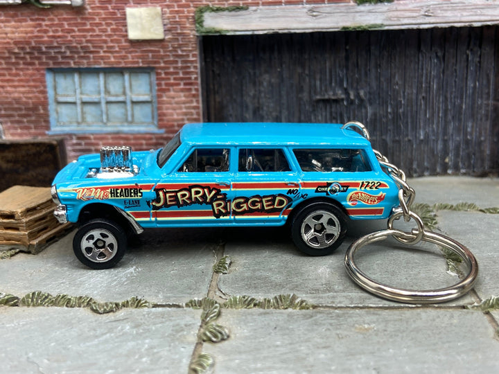 Custom Hot Wheels Keychain - Key Chain - Zipper Pull - 1964 Chevy Nova Station Wagon Gasser Light Blue