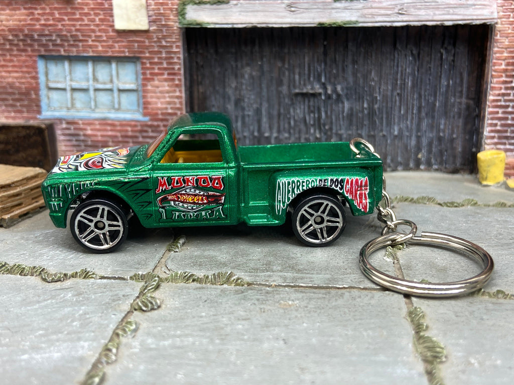 Custom Hot Wheels Keychain - Key Chain - Zipper Pull - 1969 Chevy Pick Up Truck Green With Graphics