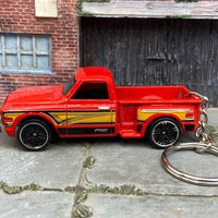 Custom Hot Wheels Keychain - Key Chain - Zipper Pull - 1969 Chevy Pick Up Truck Red With Graphics