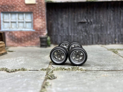 Custom Hot Wheels - Matchbox Rubber Tires & Wheels Gray 6 Spoke Studded Race Wheels 10mm - 10mm
