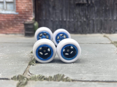 Custom Hot Wheels - Matchbox Rubber Tires & Wheels: White Rubber Tires And Black And Anodized Blue 5 Spoke Deep Dish Wheels 10mm - 10mm