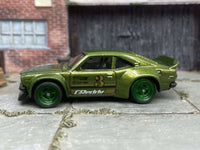 Green Mazda RX-3 custom Hot Wheels with green race wheels, view 1