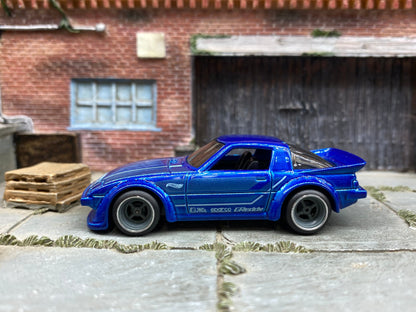 Custom Hot Wheels - Mazda RX-7 - Blue Greddy - Gray and Chrome 4 Spoke Wheels - Rubber Tires