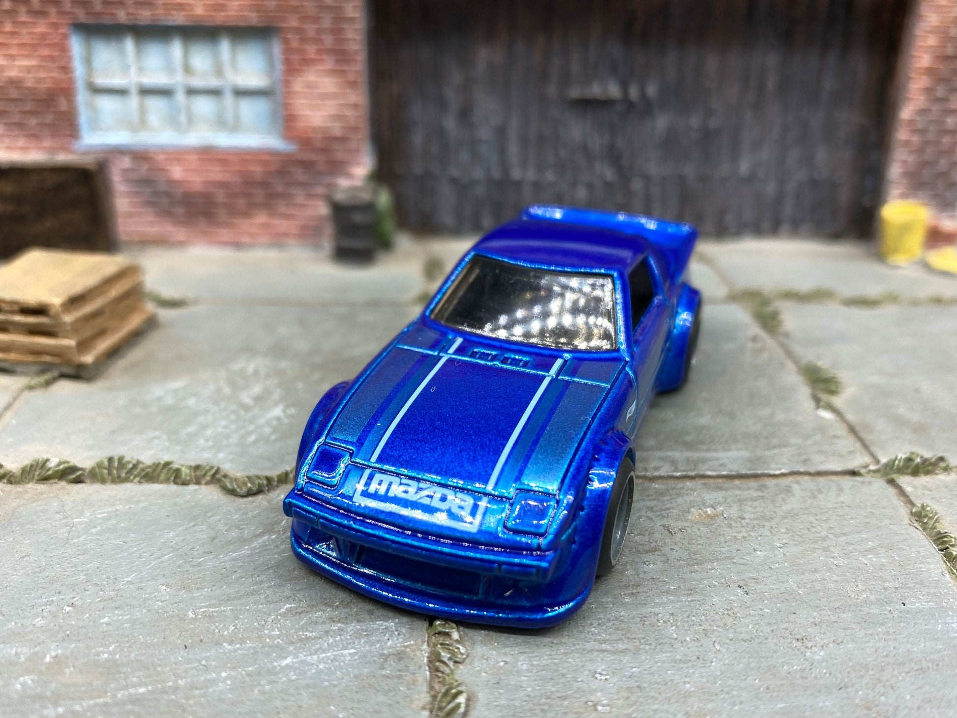 Custom Hot Wheels - Mazda RX-7 - Blue Greddy - Gray and Chrome 4 Spoke Wheels - Rubber Tires