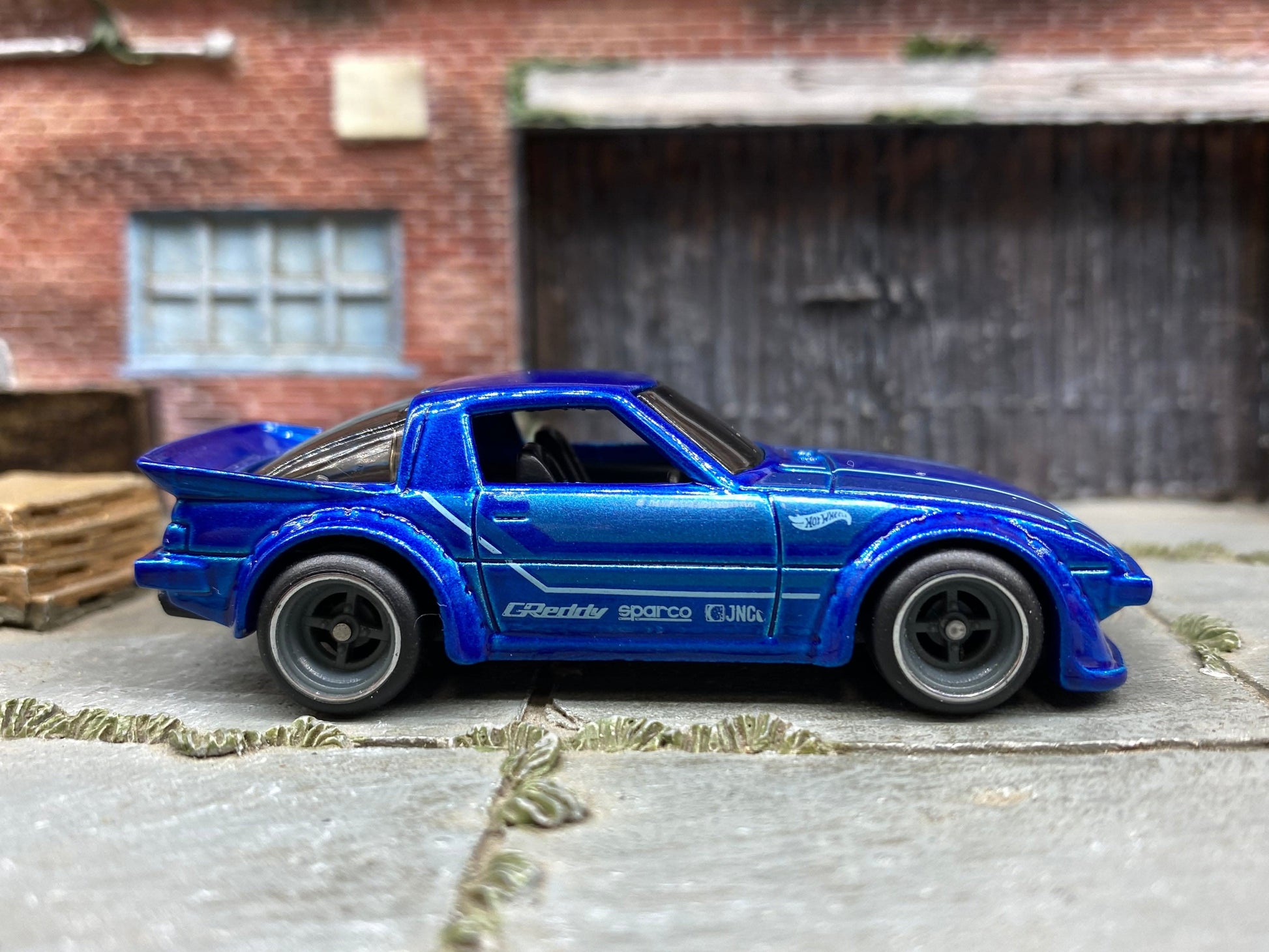 Custom Hot Wheels - Mazda RX-7 - Blue Greddy - Gray and Chrome 4 Spoke Wheels - Rubber Tires