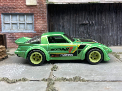 Custom Hot Wheels Mazda RX7 In Green and Black With Green 5 Spoke Deep Dish Wheels With Rubber Tires