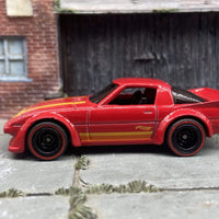 Custom Hot Wheels Mazda RX7 In Red, Orange and Yellow With Black 5 Spoke Deep Dish Wheels With Redline Rubber Tires