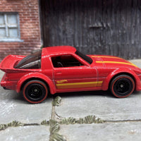 Custom Hot Wheels Mazda RX7 In Red, Orange and Yellow With Black 5 Spoke Deep Dish Wheels With Redline Rubber Tires
