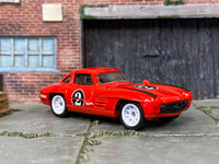 Custom Hot Wheels Mercedes-Benz 300SL in Red and Black 2 with white race wheels and rubber tires