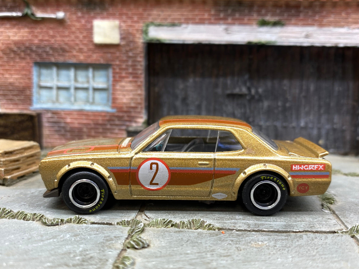 Custom Hot Wheels Nissan Skyline H/T 2000GT-X in Gold 2 with Chrome and Black Smooth Wheels with Firestone Rubber Tires