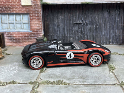 Custom Hot Wheels Porsche 918 Spyder Race Car In Black and Red With Chrome 5 Spoke Wheels With Redline Rubber Tires