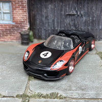 Custom Hot Wheels Porsche 918 Spyder Race Car In Black and Red With Chrome And Red 4 Spoke Wheels With Rubber Tires