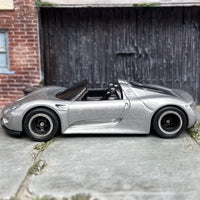 Custom Hot Wheels Porsche 918 Spyder Race Car In Silver With Black and Chrome 5 Spoke Wheels With Rubber Tires