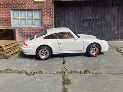 Custom Hot Wheels Porsche Carrera In White With 4 Spoke Chrome and Red Race Wheels With Rubber Tires
