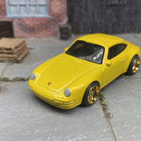 Custom Hot Wheels Porsche Carrera In Yellow With Gold 6 Spoke Studded Race Wheels With Rubber Tires