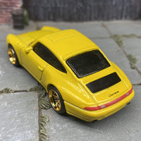 Custom Hot Wheels Porsche Carrera In Yellow With Gold 6 Spoke Studded Race Wheels With Rubber Tires