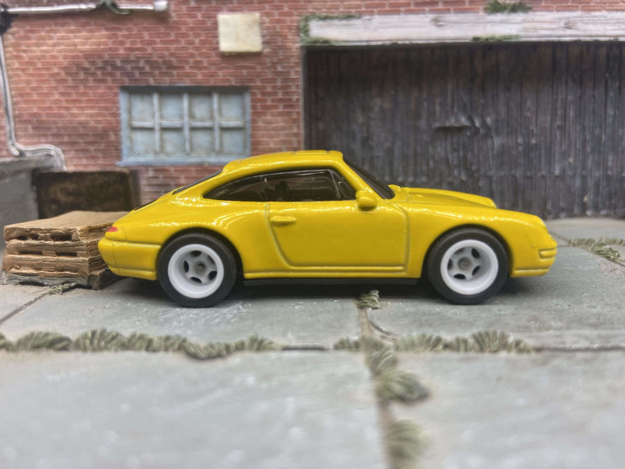 Custom Hot Wheels Porsche Carrera In Yellow With White 5 Spoke Deep Dish Wheels With Rubber Tires