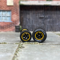 Custom Hot Wheels Rims and Rubber Tires - 5 Spoke Black and Gold Wheels - Goodyear Eagle Slicks