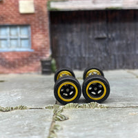 Custom Hot Wheels Rims and Rubber Tires - 5 Spoke Black and Gold Wheels - Rubber Tires - 10mm