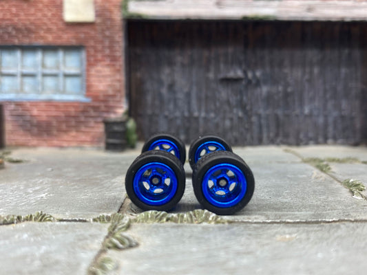 Custom Hot Wheels Rims and Rubber Tires - 5 Spoke Blue Wheels - Rubber Tires - 10mm