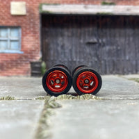 Custom Hot Wheels Rims and Rubber Tires - 5 Spoke Red Wheels - Rubber Tires - 10mm